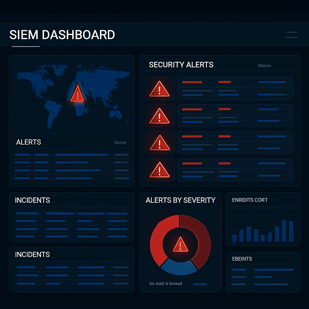 Panel de control SIEM con alertas de seguridad