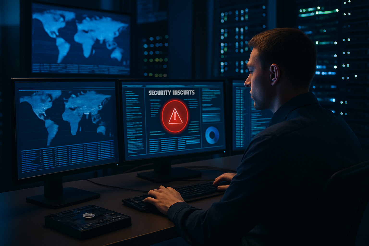 Centro de operaciones de seguridad con analistas monitoreando sistemas